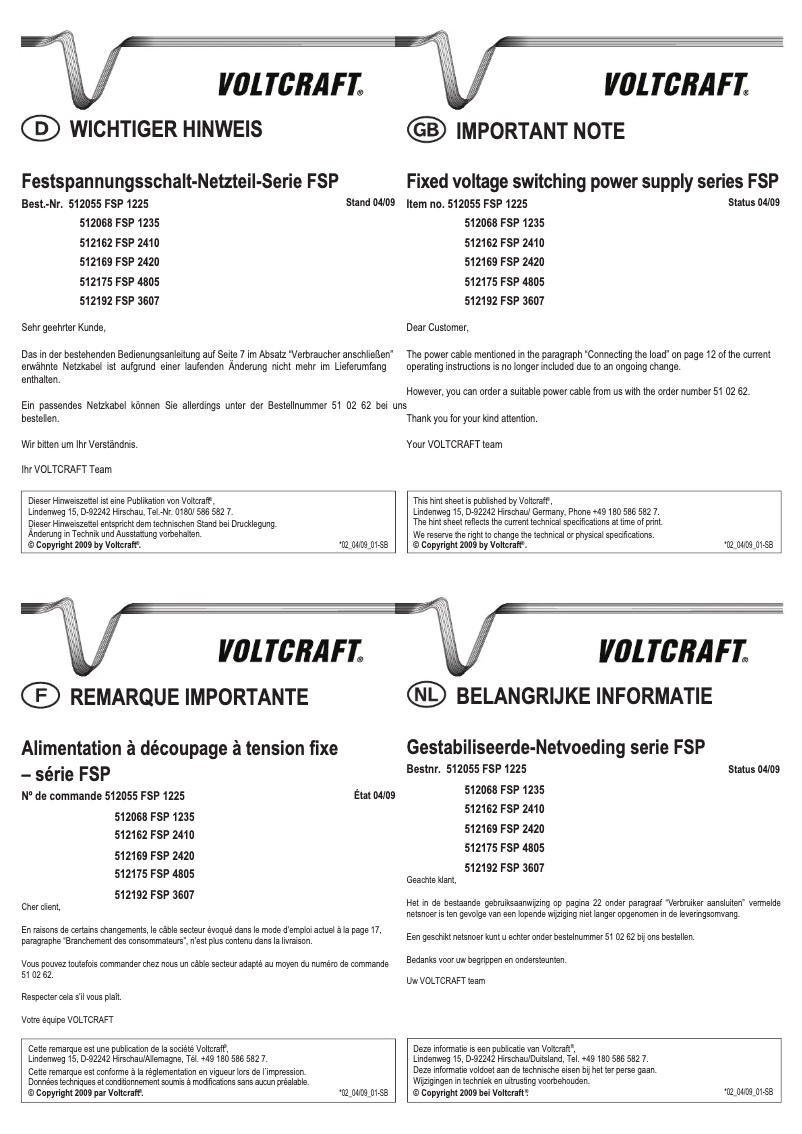 Page n°1 - Manuel utilisateur Voltcraft FSP 1235