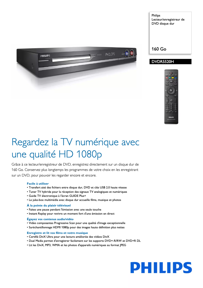 Page 1 de la notice Fiche technique Philips DVDR5520H