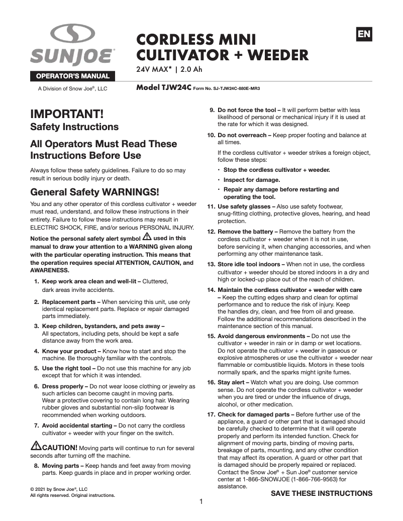 Page 1 de la notice Manuel utilisateur Sun Joe TJW24C