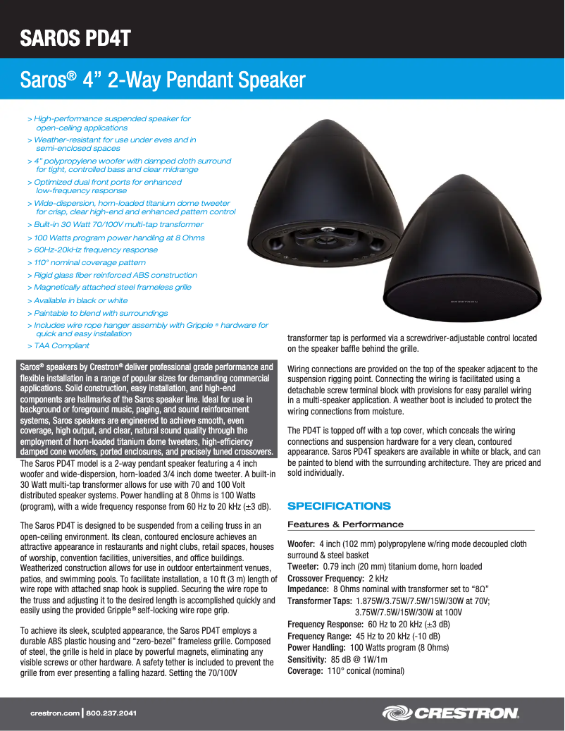 Page n°1 - Fiche technique Crestron SAROS PD4T-B-T-EACH