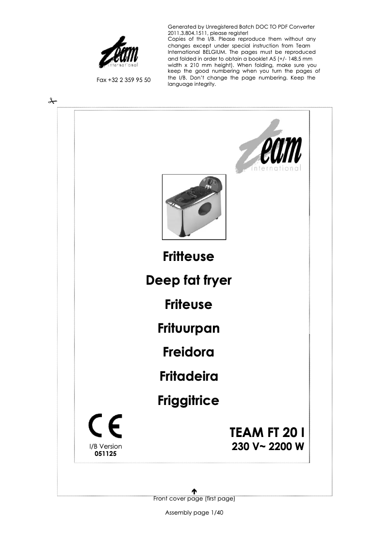 Page 1 de la notice Manuel utilisateur Team FT 20 I