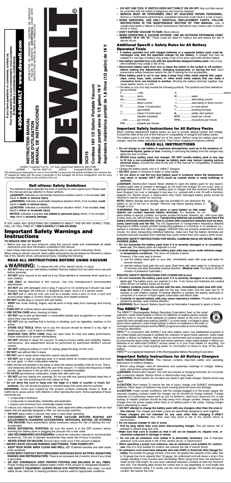 Page 1 de la notice Manuel utilisateur DeWalt DC515B