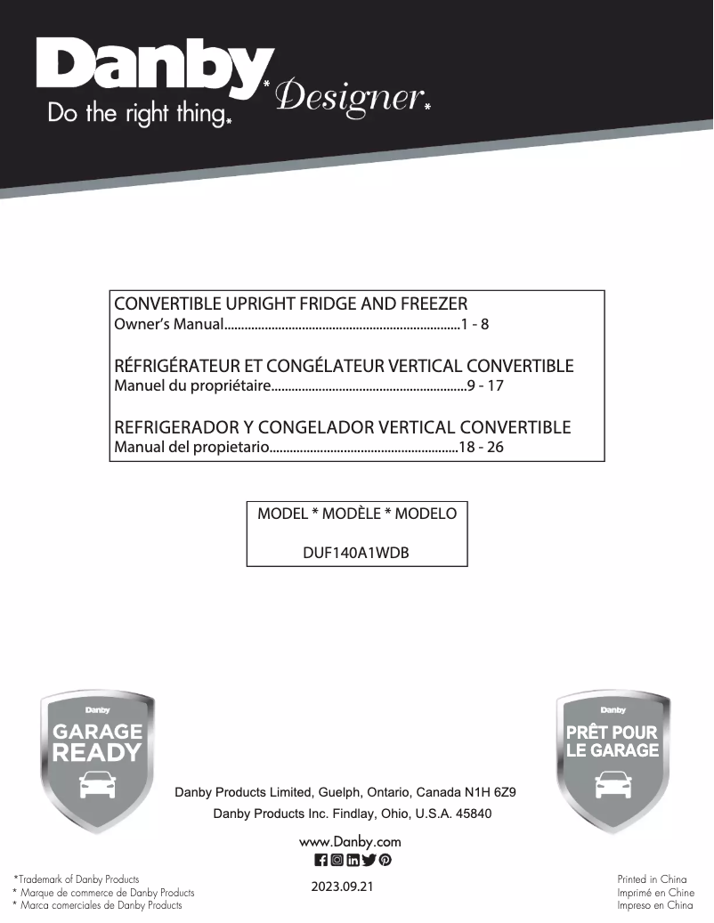 Page n°1 - Manuel utilisateur Danby DUF140A1WDB