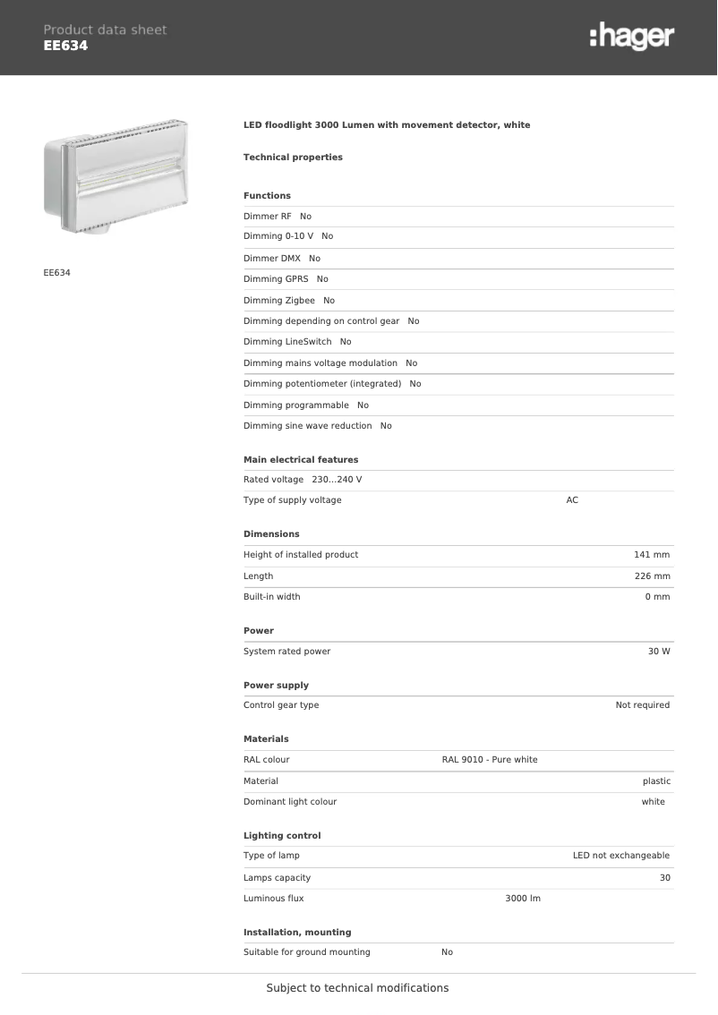 Page 1 de la notice Fiche technique Hager EE634