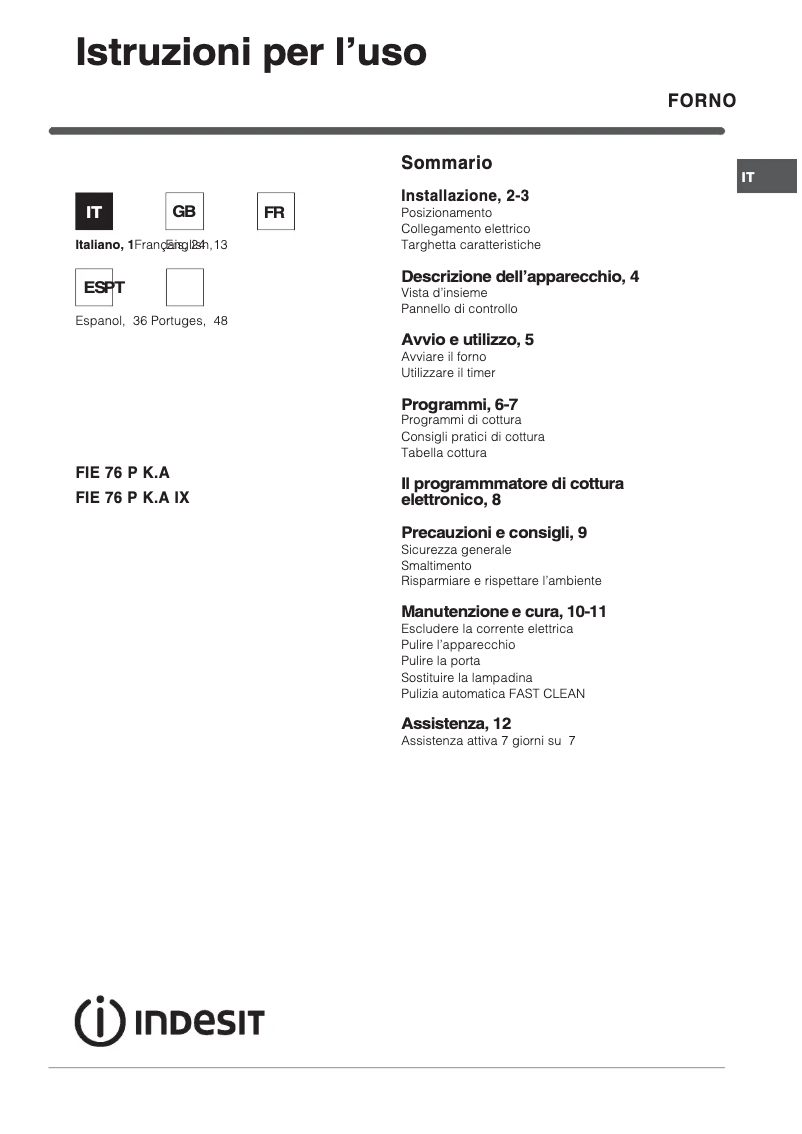 Page 1 de la notice Manuel utilisateur Indesit FIE 76 P K.A (WH)