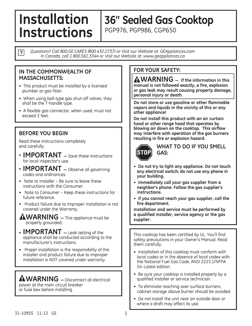 Page n°1 - Guide d'installation GE Profile PGP976DETBB
