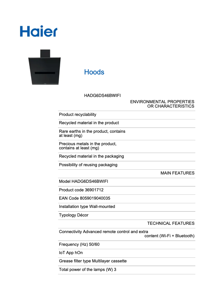 Page n°1 - Label énergétique Haier I-Link HADG6DS46BWIFI