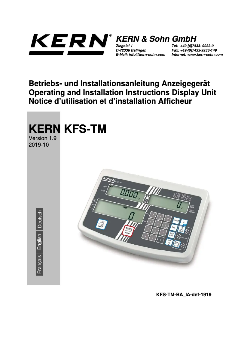 Page 1 de la notice Guide d'installation Kern KFS-TM