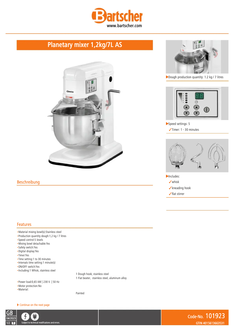 Page n°1 - Fiche technique Bartscher 101923