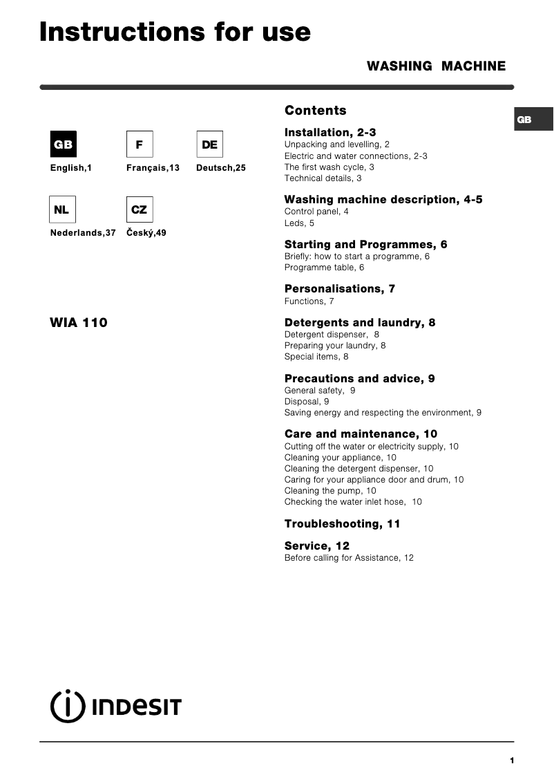 Page n°1 - Manuel utilisateur Indesit WIA 110 (EU)