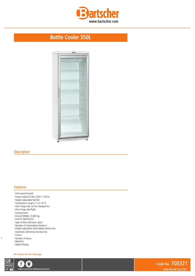 Page 1 de la notice Fiche technique Bartscher 700321