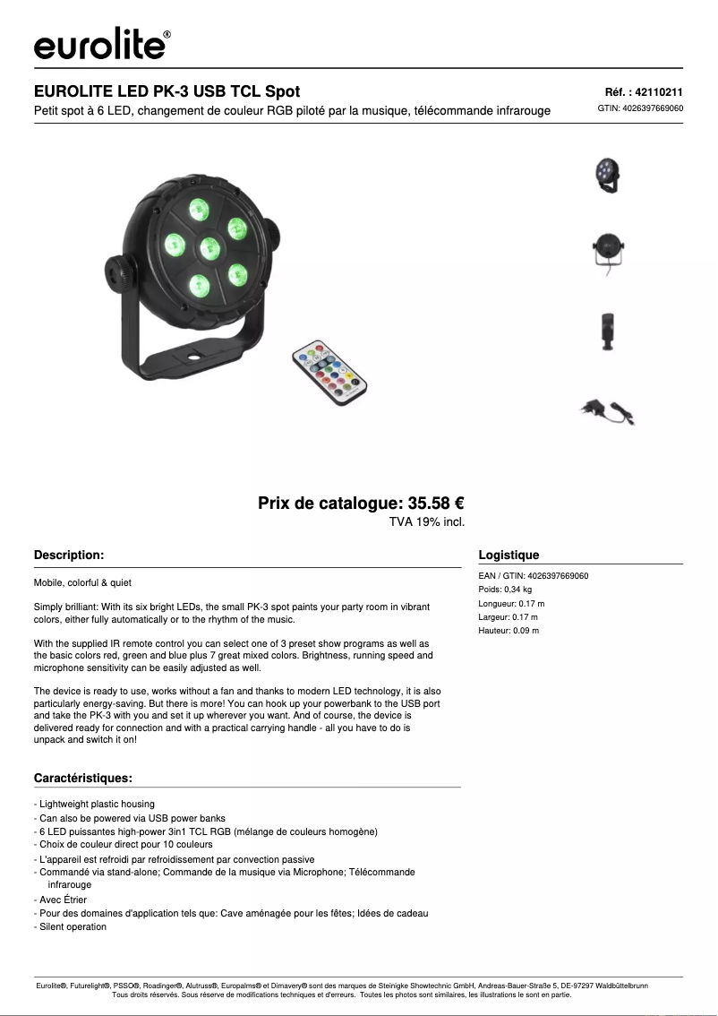 Page 1 de la notice Fiche technique Eurolite LED PK-3