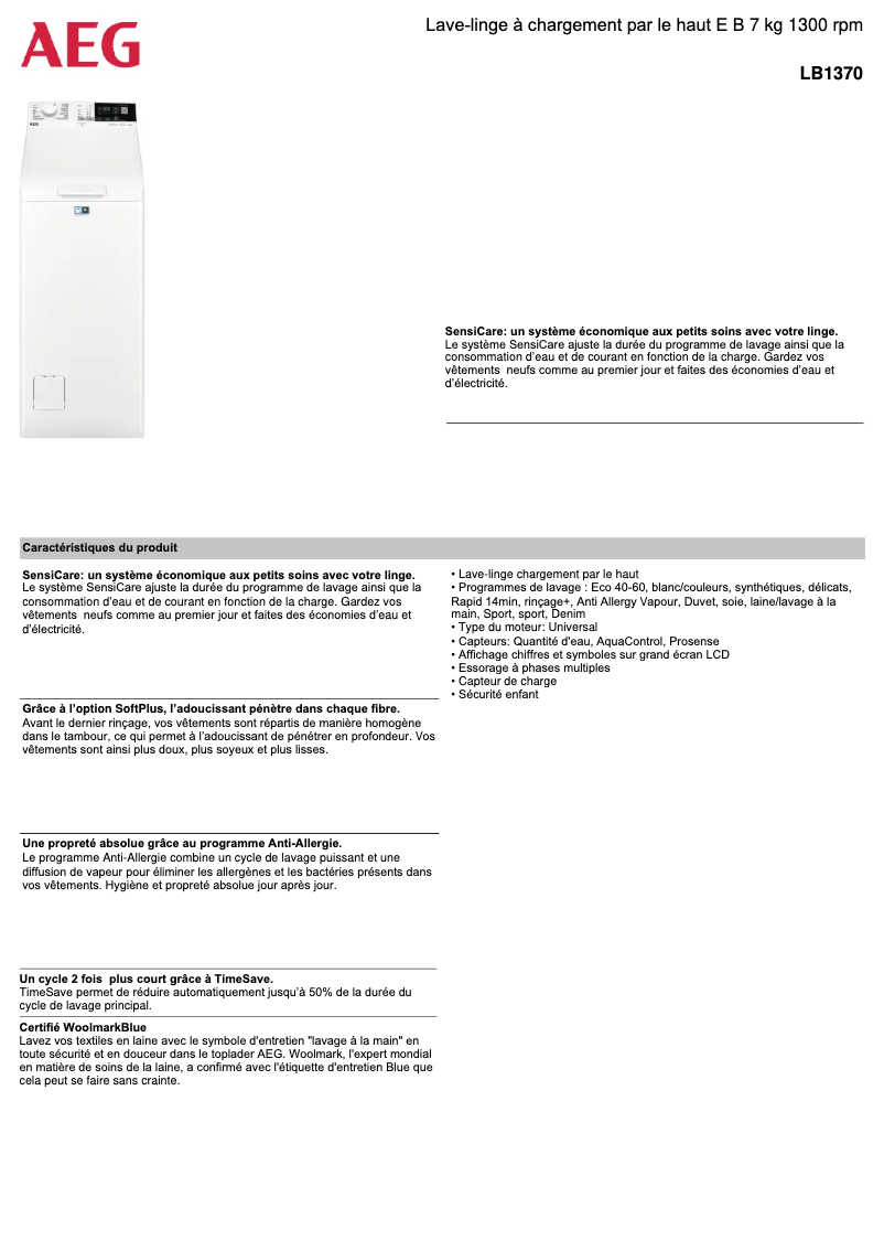 Página 1 del manual Ficha técnica AEG LB1370