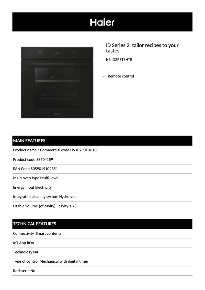 Page 1 de la notice Fiche technique Haier H6 ID2P3T3HTB