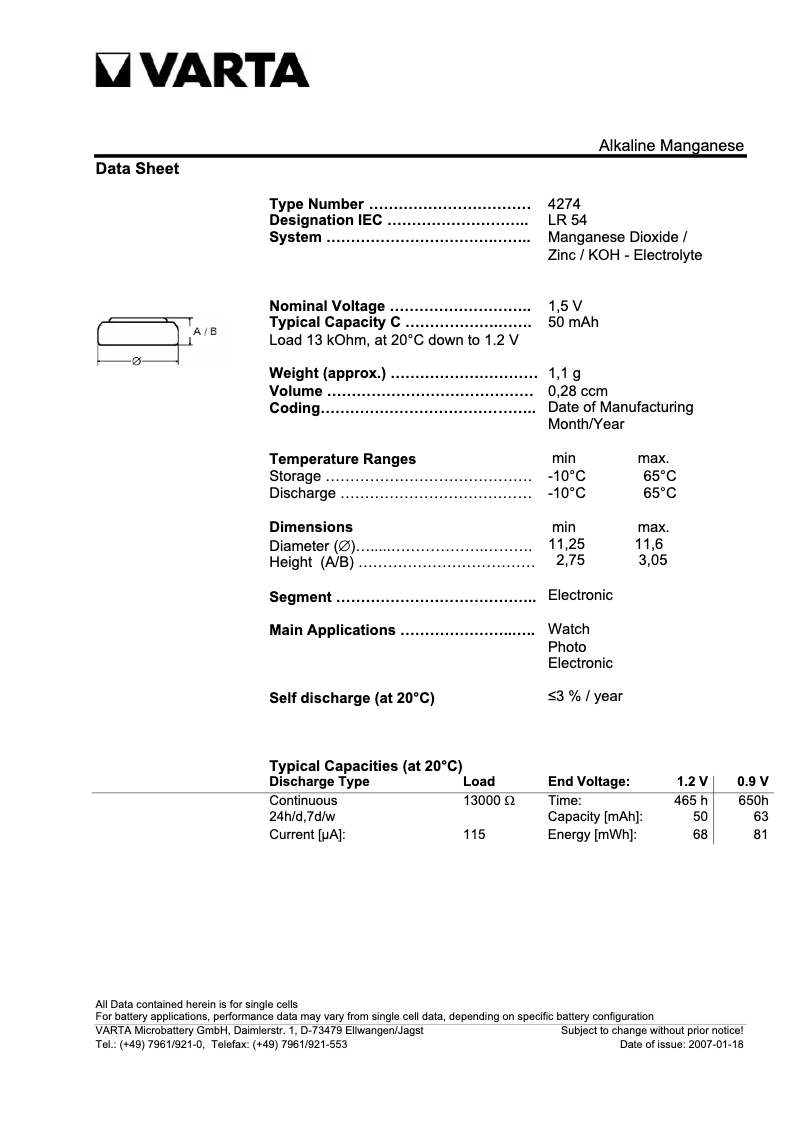 Image de la première page du manuel de l'appareil Primary Alkaline Button V 10 GA