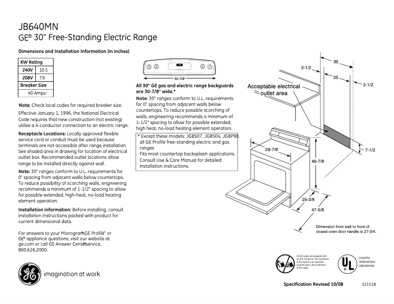 Page 1 de la notice Fiche technique GE JB640MNBS