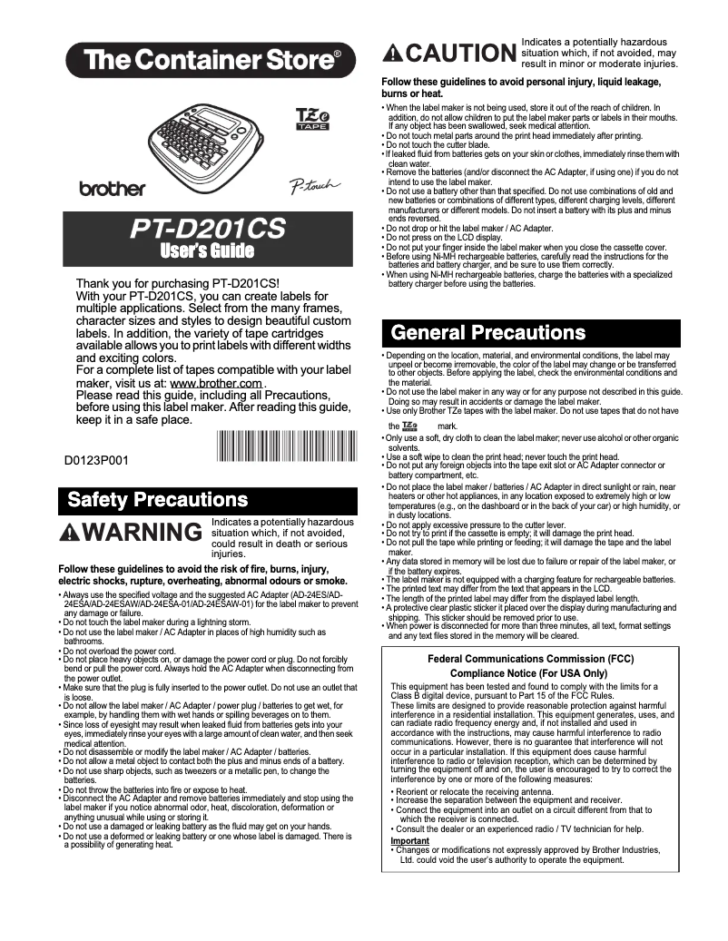Page 1 de la notice Manuel utilisateur Brother P-touch PT-D201CS