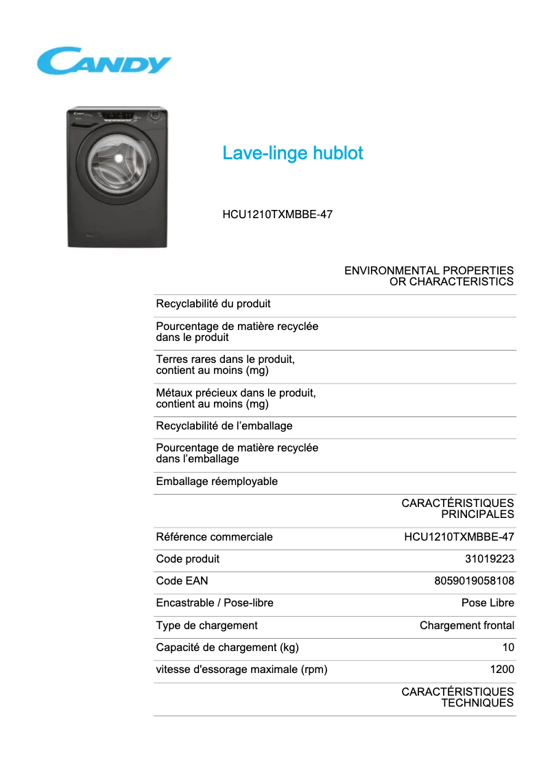 Page 1 de la notice Fiche technique Candy HCU1210TXMBBE-47