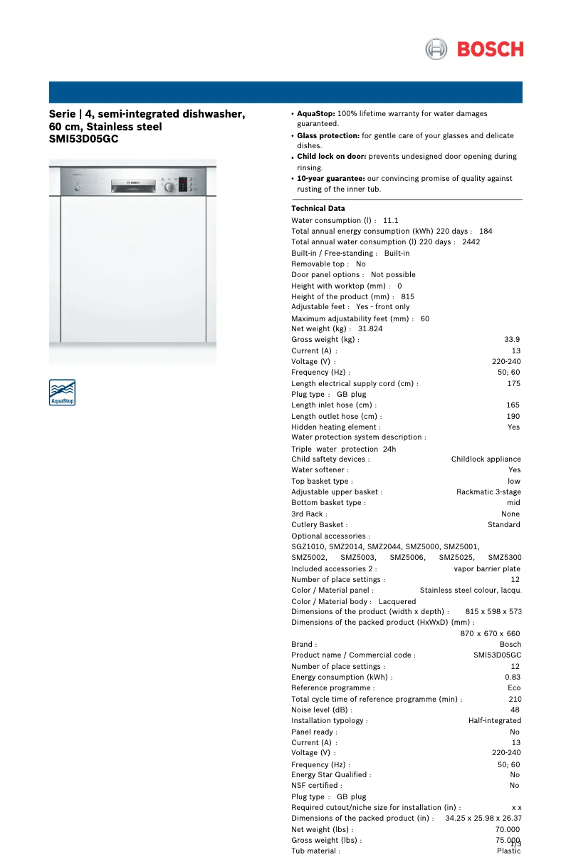 Page n°1 - Fiche technique Bosch SMI53D05GC