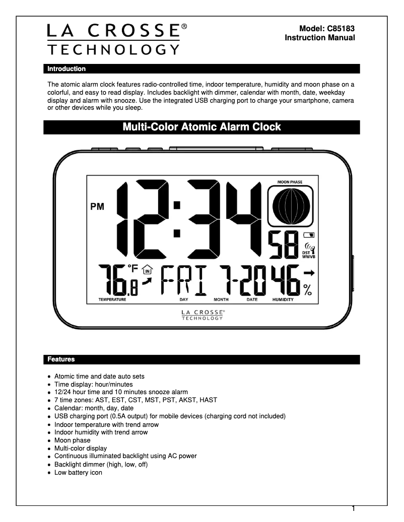 Page 1 de la notice Manuel utilisateur La Crosse Technology C85183