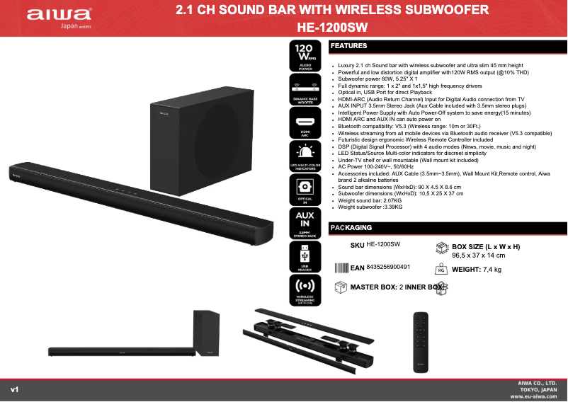 Page 1 de la notice Fiche technique Aiwa HE-1200SW