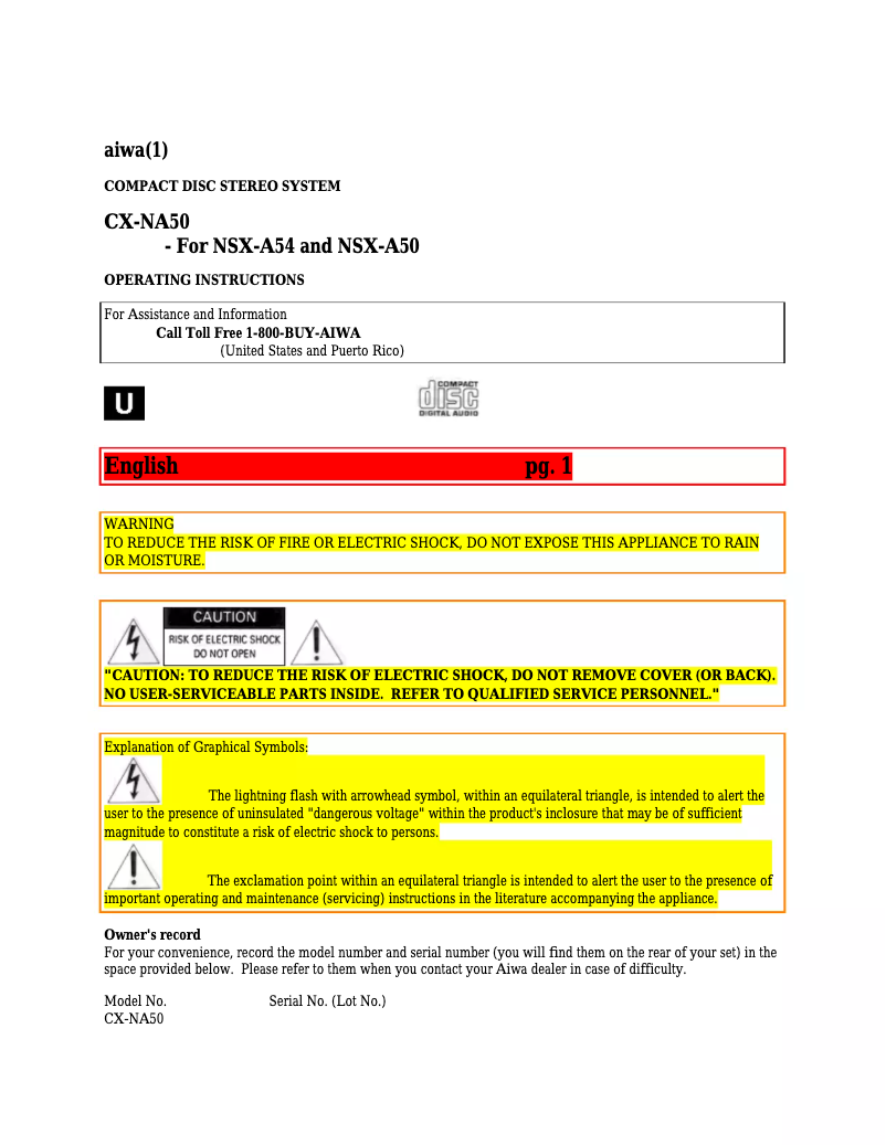 Page 1 de la notice Manuel utilisateur Aiwa NSX-A50