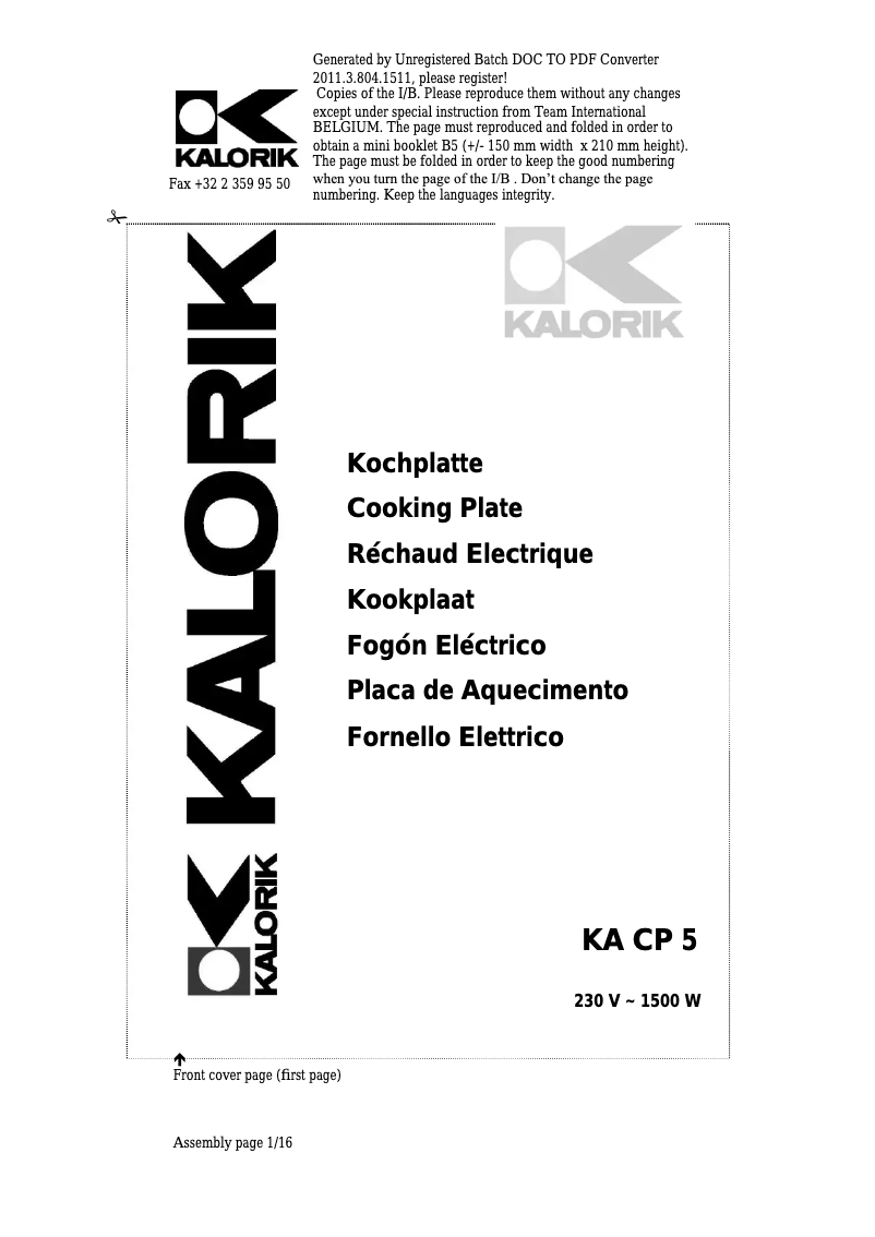 Image de la première page du manuel de l'appareil KA CP 5