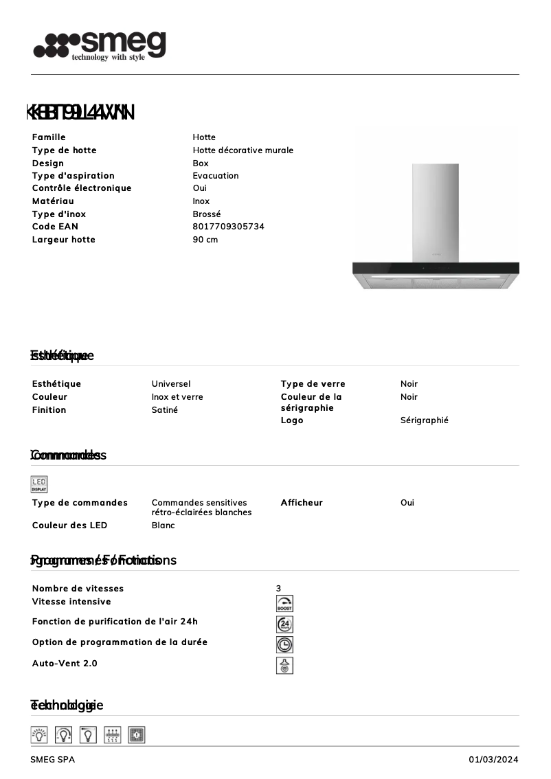 Page 1 de la notice Fiche technique Smeg KBT9L4VN