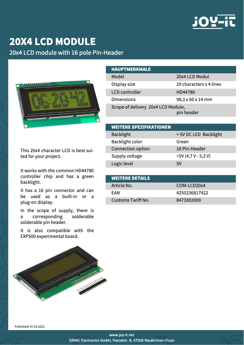 Image de la première page du manuel de l'appareil COM-LCD20x4