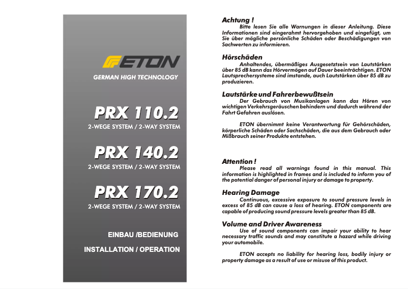 Page 1 de la notice Manuel utilisateur Eton PRX 140.2