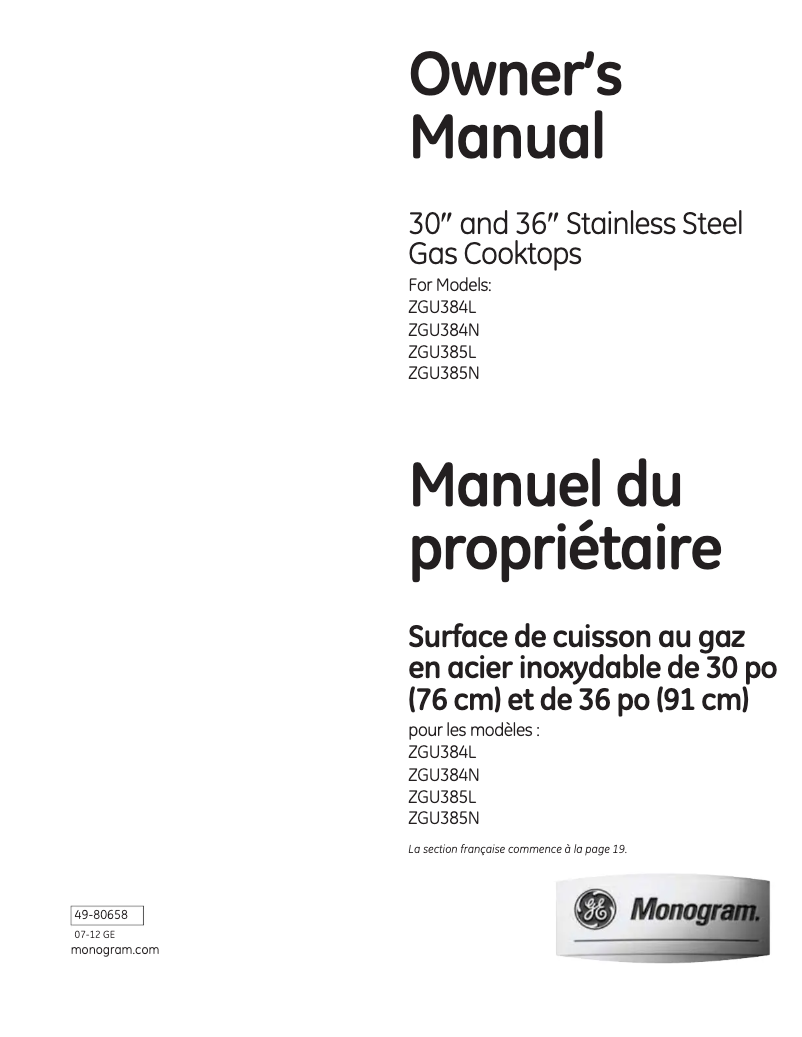 First page image of the manual for ZGU384LSMSS