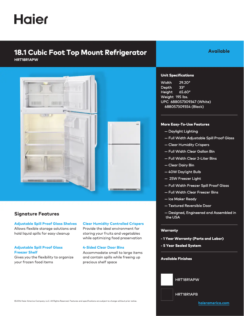 Página 1 del manual Ficha técnica Haier HRT18R1APW