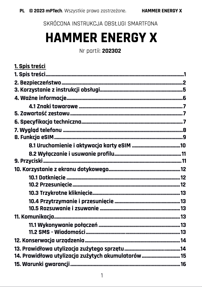 Page 1 of the manual User Manual Hammer Energy X