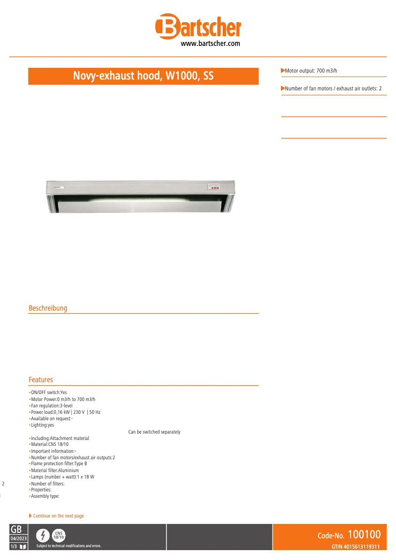 Página 1 del manual Ficha técnica Bartscher 100100