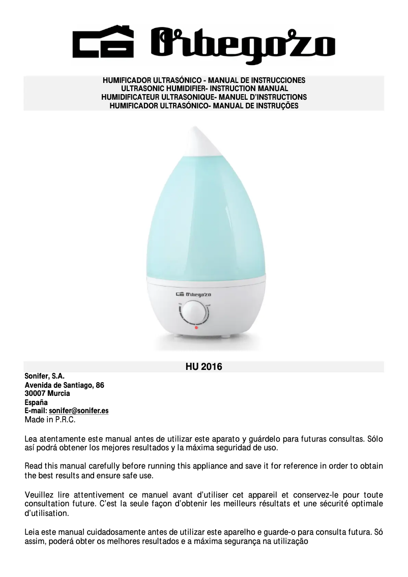 Page 1 de la notice Manuel utilisateur Orbegozo HU 2016