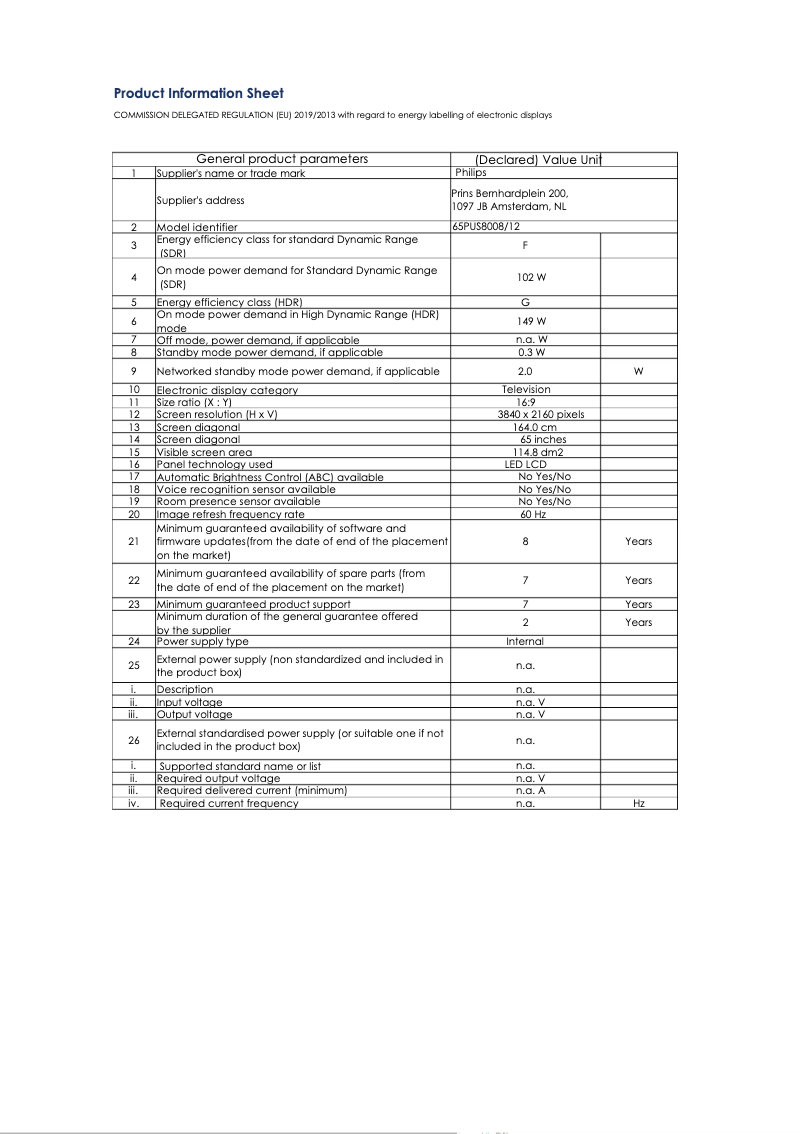 Page n°1 - Fiche technique Philips 65PUS8008