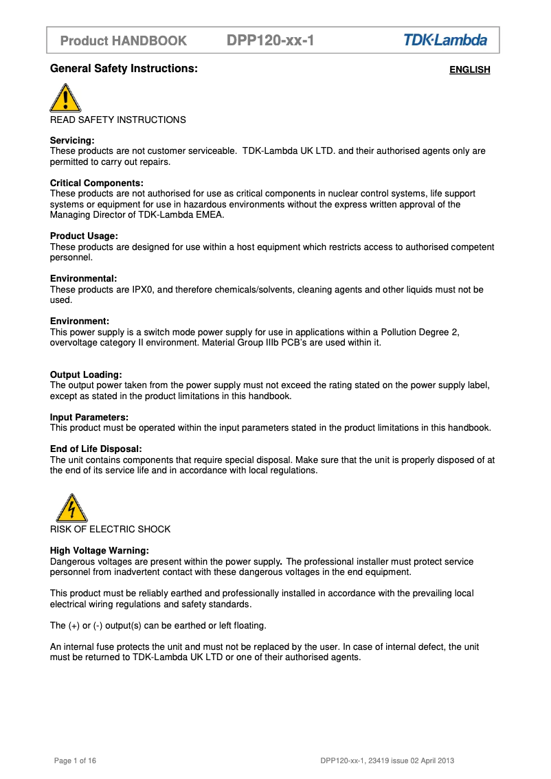 Page 1 de la notice Manuel utilisateur TDK-Lambda DPP120-48-1