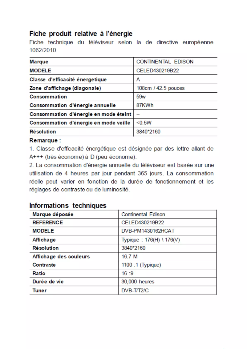 Page n°1 - Label énergétique Continental Edison CELED430219B22