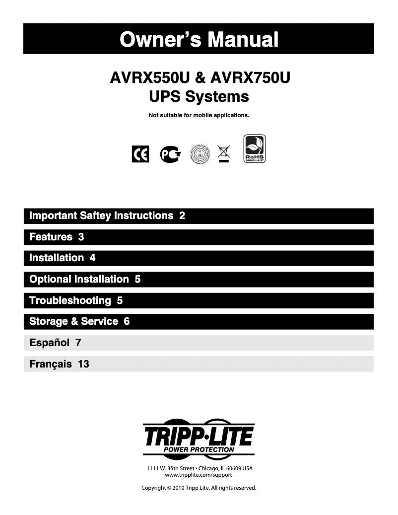 Page 1 de la notice Manuel utilisateur Tripp Lite AVRX750U