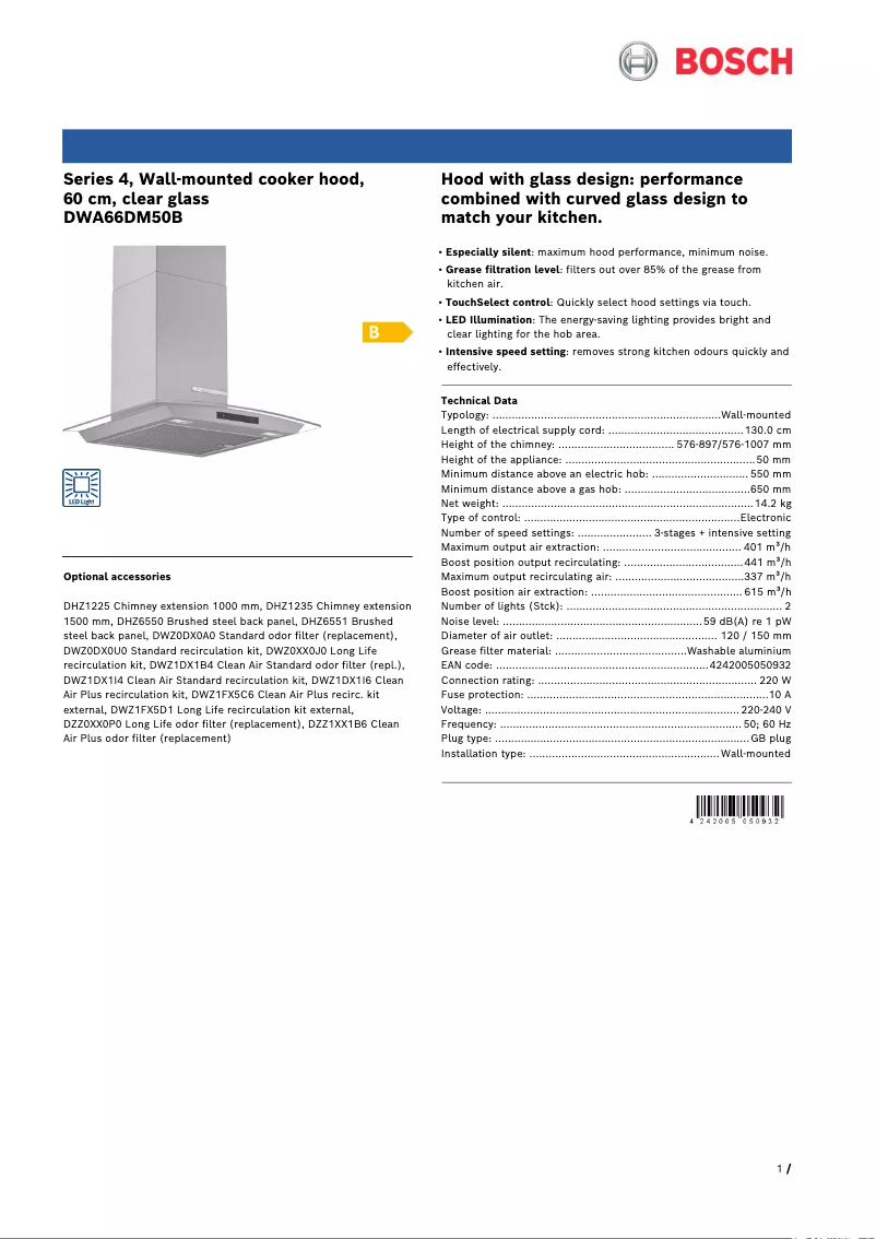 Page 1 de la notice Fiche technique Bosch DWA66DM50B