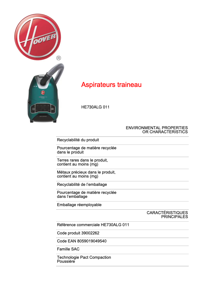 Image de la première page du manuel de l'appareil H-ENERGY 700 HE730ALG 011