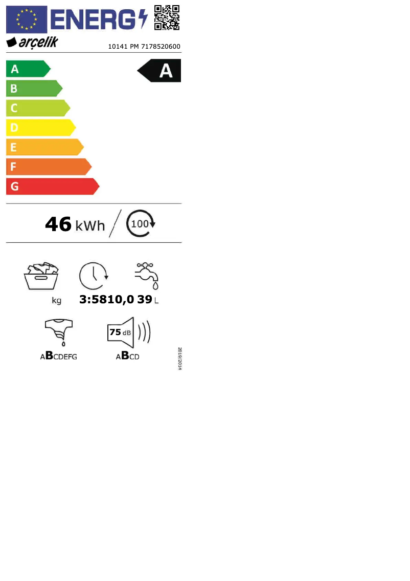 Page 1 de la notice Label énergétique Arçelik 10141 PM