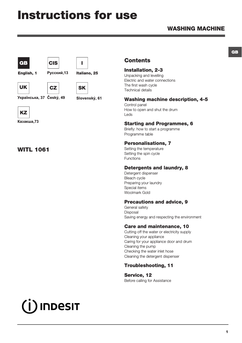 Image de la première page du manuel de l'appareil WITL 1061