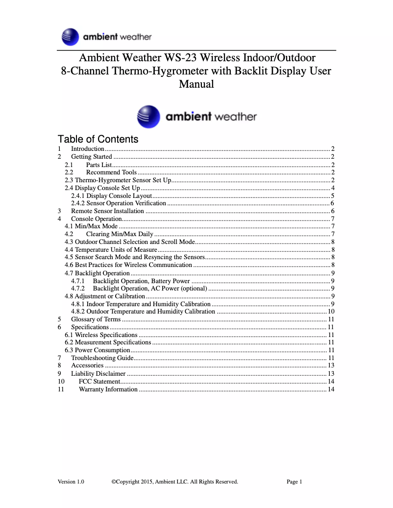 Page 1 de la notice Manuel utilisateur Ambient Weather WS-23