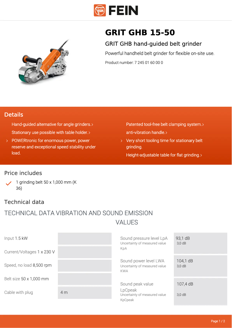 Page 1 de la notice Fiche technique Fein GRIT GHB 15-50