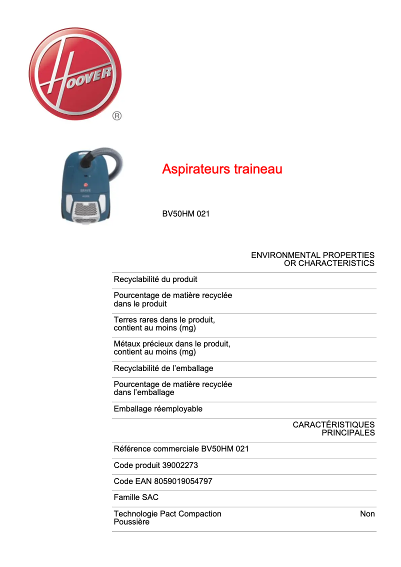 Page 1 de la notice Fiche technique Hoover BV50HM 021