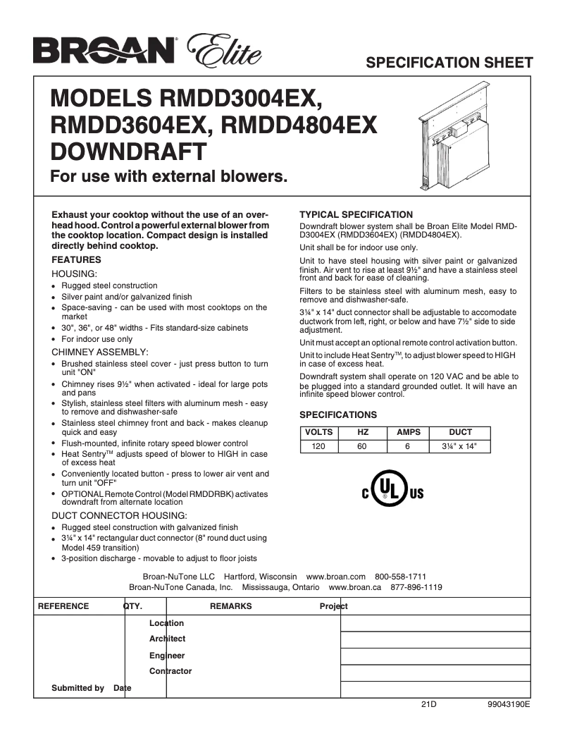 Page 1 de la notice Fiche technique Broan RMDD3004EX