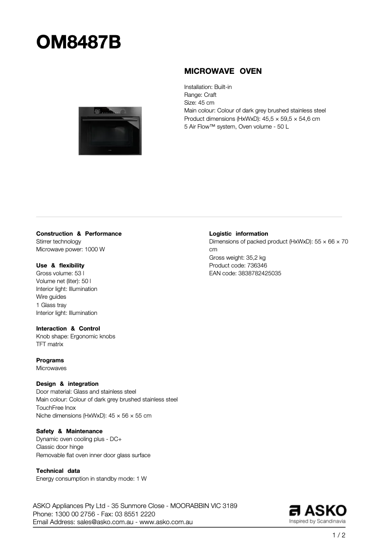 Page 1 de la notice Fiche technique Asko OM8487B