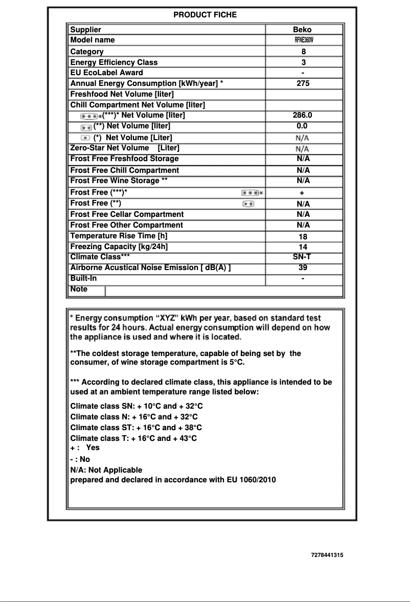 Page 1 de la notice Fiche technique Beko RFNE360W