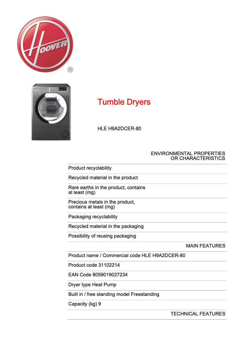 Page n°1 - Fiche technique Hoover HLE H9A2DCER-80
